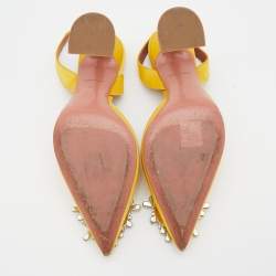 Amina Muaddi Yellow Satin Begum Crystal Embellished Slingback Pumps Size 36