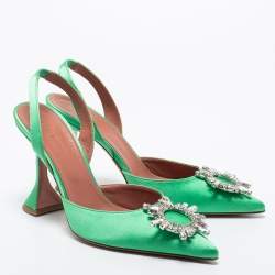Amina Muaddi Green Satin Begum Slingback Pumps Size 39.5