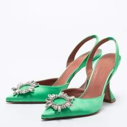 Amina Muaddi Green Satin Begum Slingback Pumps Size 39.5