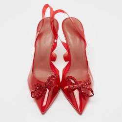 Pre Owned Amina Muaddi Red PVC Rosie Crystal Embellished Slingback Sandals Size 39