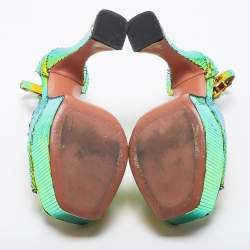 Pre Owned Amina Muaddi Multicolor Holographic Flared Heel Ankle Strap Sandals Size 38