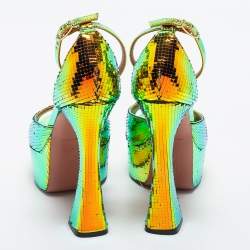 Pre Owned Amina Muaddi Multicolor Holographic Flared Heel Ankle Strap Sandals Size 38
