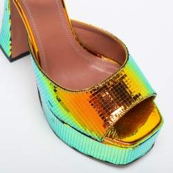 Pre Owned Amina Muaddi Multicolor Holographic Flared Heel Ankle Strap Sandals Size 38