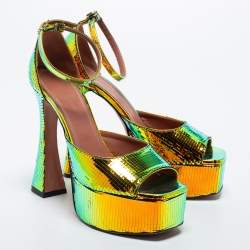 Pre Owned Amina Muaddi Multicolor Holographic Flared Heel Ankle Strap Sandals Size 38
