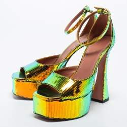 Pre Owned Amina Muaddi Multicolor Holographic Flared Heel Ankle Strap Sandals Size 38