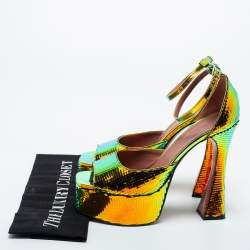 Pre Owned Amina Muaddi Multicolor Holographic Flared Heel Ankle Strap Sandals Size 38