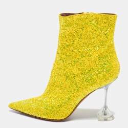 Pre Owned Amina Muaddi Yellow Glitter Giorgia Ankle Boots Size 39
