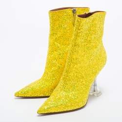 Pre Owned Amina Muaddi Yellow Glitter Giorgia Ankle Boots Size 39