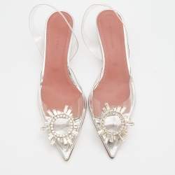 Pre Owned Amina Muaddi Transparent PVC Begum Crystal Embellished Slingback Pumps Size 37.5