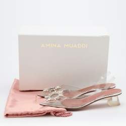 Pre Owned Amina Muaddi Transparent PVC Begum Crystal Embellished Slingback Pumps Size 37.5