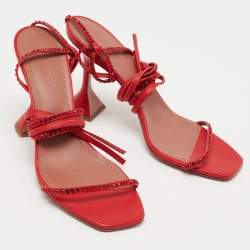Pre Owned Amina Muaddi Red Leather Vita Crystals Ankle Wrap Sandals Size 41
