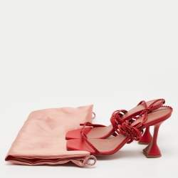Pre Owned Amina Muaddi Red Leather Vita Crystals Ankle Wrap Sandals Size 41