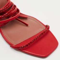 Pre Owned Amina Muaddi Red Leather Vita Crystals Ankle Wrap Sandals Size 41