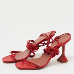 Pre Owned Amina Muaddi Red Leather Vita Crystals Ankle Wrap Sandals Size 41