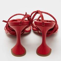 Pre Owned Amina Muaddi Red Leather Vita Crystals Ankle Wrap Sandals Size 41