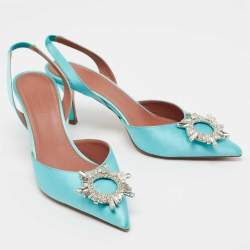 Pre Owned Amina Muaddi Light Blue Satin Begum Slingback Pumps Size 39