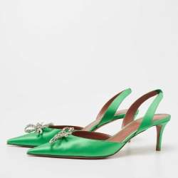 Pre Owned Amina Muaddi Green Satin Rosie Slingback Pumps Size 39.5