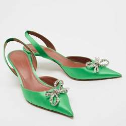 Pre Owned Amina Muaddi Green Satin Rosie Slingback Pumps Size 39.5