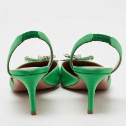 Pre Owned Amina Muaddi Green Satin Rosie Slingback Pumps Size 39.5
