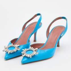 Pre Owned Amina Muaddi Blue Leather Begum Slingback Pumps Size 38.5