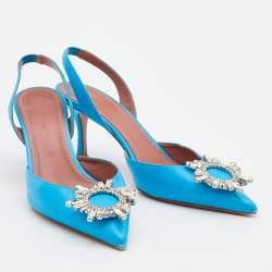 Pre Owned Amina Muaddi Blue Leather Begum Slingback Pumps Size 38.5