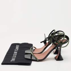 Amina Muaddi Black/Green Crystal Embellished Patent Leather Vita Ankle Tie Sandals Size 36