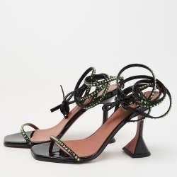 Amina Muaddi Black/Green Crystal Embellished Patent Leather Vita Ankle Tie Sandals Size 36