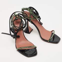 Amina Muaddi Black/Green Crystal Embellished Patent Leather Vita Ankle Tie Sandals Size 36