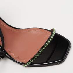Amina Muaddi Black/Green Crystal Embellished Patent Leather Vita Ankle Tie Sandals Size 36