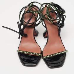 Amina Muaddi Black/Green Crystal Embellished Patent Leather Vita Ankle Tie Sandals Size 36