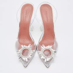 Pre Owned Amina Muaddi Transparent PVC Begum Crystal Embellished Slingback Pumps Size 37.5