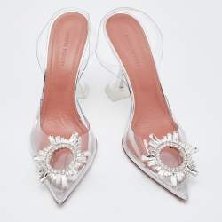 Pre Owned Amina Muaddi Transparent PVC Begum Crystal Embellished Slingback Pumps Size 37.5