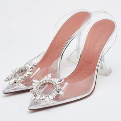 Pre Owned Amina Muaddi Transparent PVC Begum Crystal Embellished Slingback Pumps Size 37.5