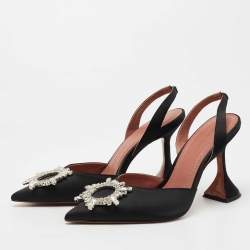 Pre Owned Amina Muaddi Black Satin Begum Crystal Embellished Singback Pumps Size 37