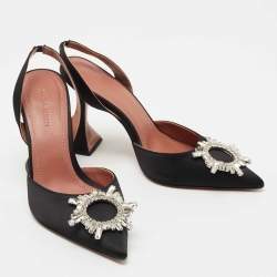 Pre Owned Amina Muaddi Black Satin Begum Crystal Embellished Singback Pumps Size 37