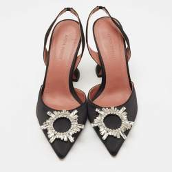 Pre Owned Amina Muaddi Black Satin Begum Crystal Embellished Singback Pumps Size 37