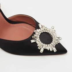 Pre Owned Amina Muaddi Black Satin Begum Crystal Embellished Singback Pumps Size 37