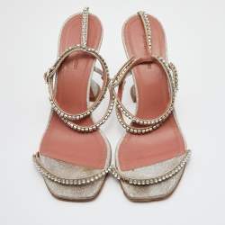 Pre Owned Amina Muaddi Metallic Silver Leather Gilda Crystal Embellished Ankle Strap Sandals Size 38.5
