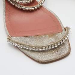 Pre Owned Amina Muaddi Metallic Silver Leather Gilda Crystal Embellished Ankle Strap Sandals Size 38.5