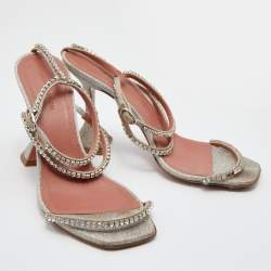 Pre Owned Amina Muaddi Metallic Silver Leather Gilda Crystal Embellished Ankle Strap Sandals Size 38.5