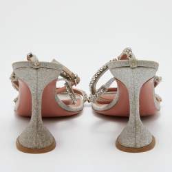 Pre Owned Amina Muaddi Metallic Silver Leather Gilda Crystal Embellished Ankle Strap Sandals Size 38.5