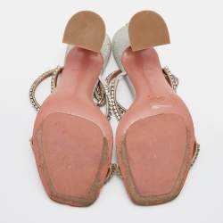 Pre Owned Amina Muaddi Metallic Silver Leather Gilda Crystal Embellished Ankle Strap Sandals Size 38.5