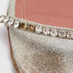 Pre Owned Amina Muaddi Metallic Silver Leather Gilda Crystal Embellished Ankle Strap Sandals Size 38.5