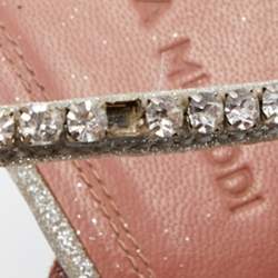 Pre Owned Amina Muaddi Metallic Silver Leather Gilda Crystal Embellished Ankle Strap Sandals Size 38.5