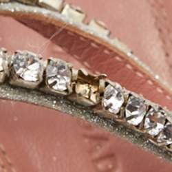 Pre Owned Amina Muaddi Metallic Silver Leather Gilda Crystal Embellished Ankle Strap Sandals Size 38.5