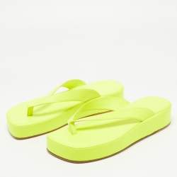 Pre Owned Amina Muaddi Neon Yellow Leather Johana Platform Slides Size 38