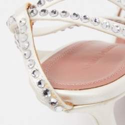 Pre Owned Amina Muaddi White Crystal Embellished Satin Vita Ankle Tie Sandals Size 37