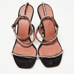 Amina Muaddi Black Suede  Crystal-Embellished Gilda Ankle Strap Sandals Size 37.5