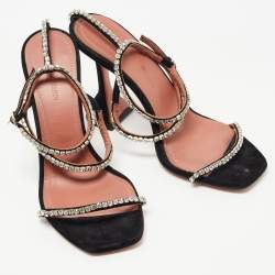 Amina Muaddi Black Suede  Crystal-Embellished Gilda Ankle Strap Sandals Size 37.5