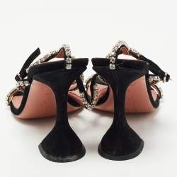 Amina Muaddi Black Suede  Crystal-Embellished Gilda Ankle Strap Sandals Size 37.5